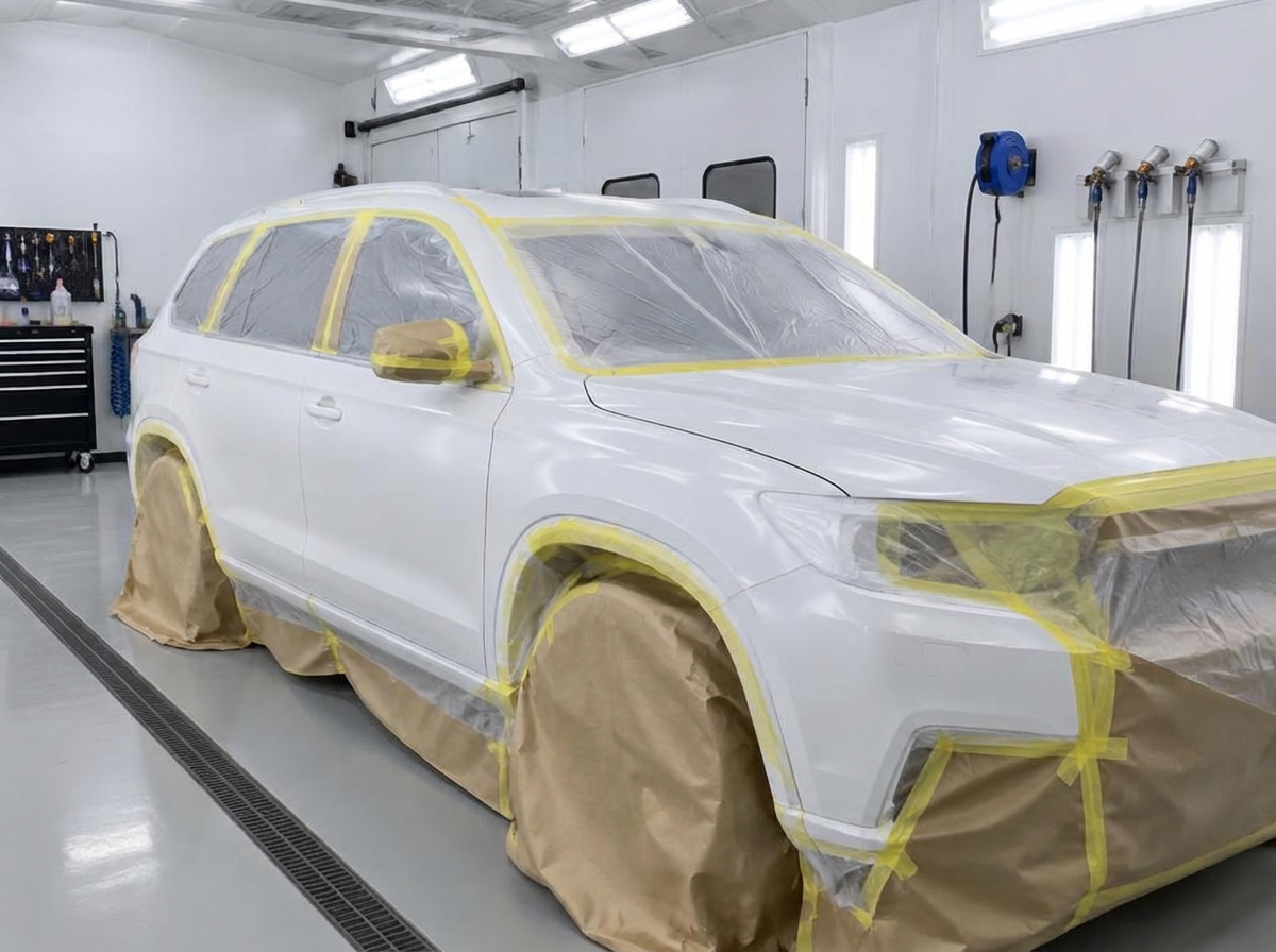White SUV masked and prepared for refinishing in a repair bay